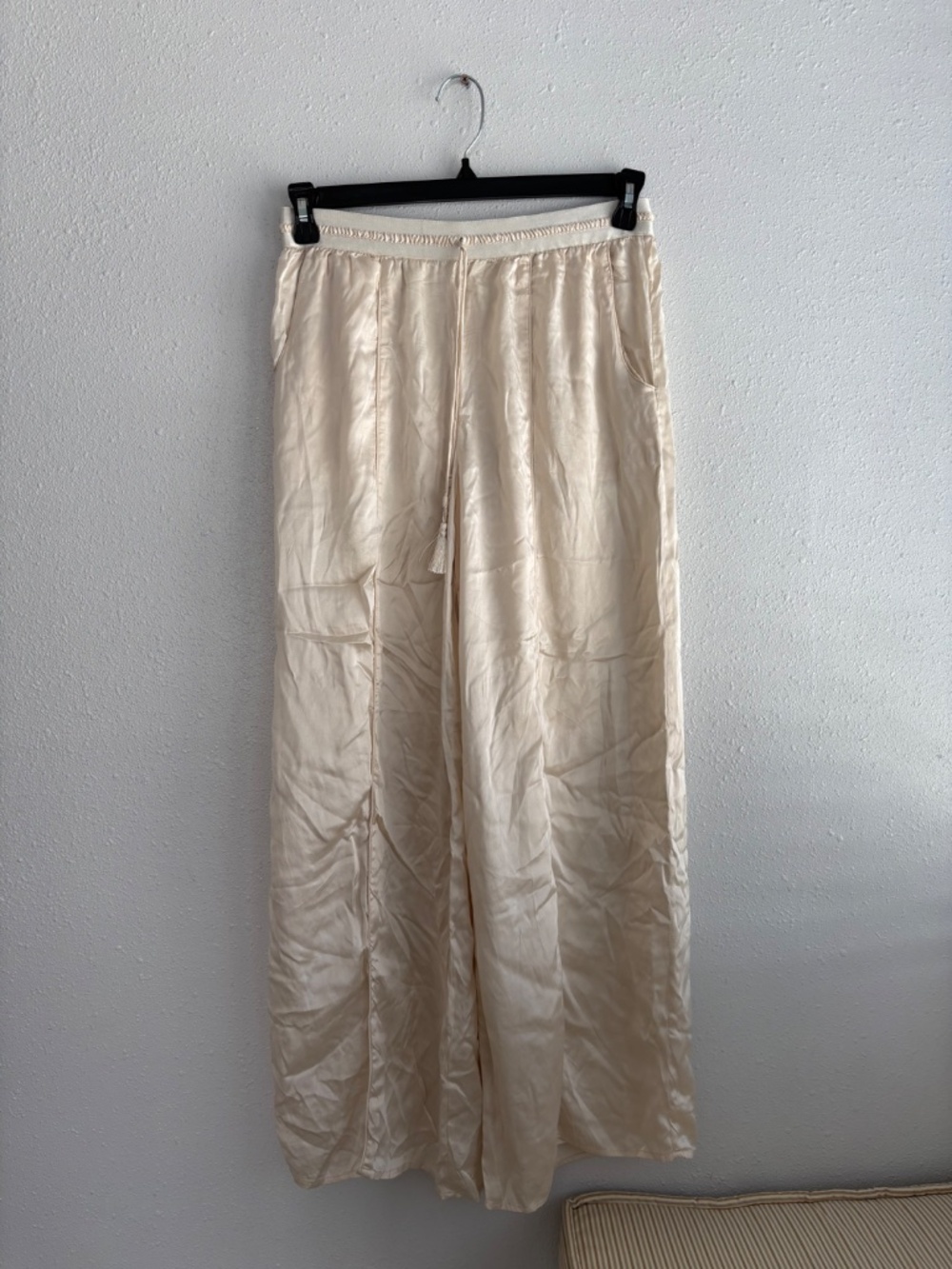 FLANNEL 100% Silk Lined Drawstring Wide Leg White Track Pants